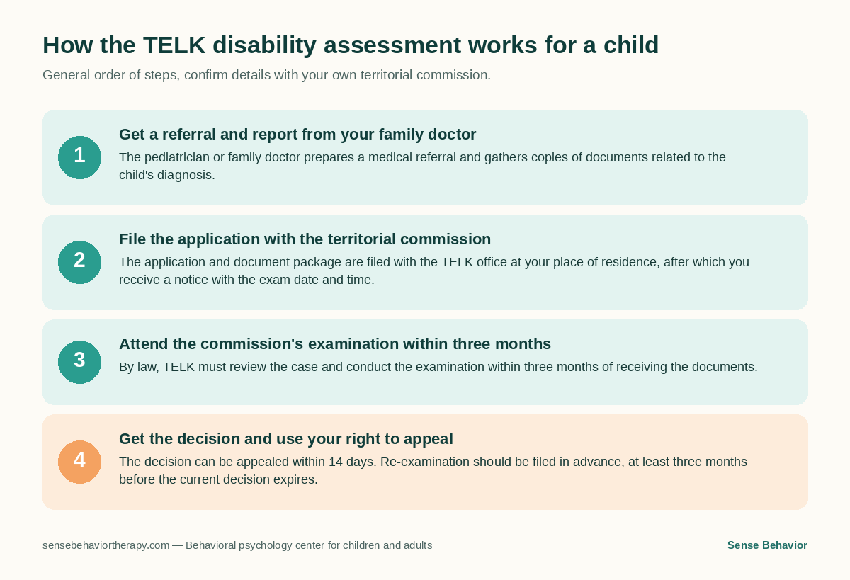 A four-step diagram for how the TELK disability assessment works for a child with autism in Bulgaria
