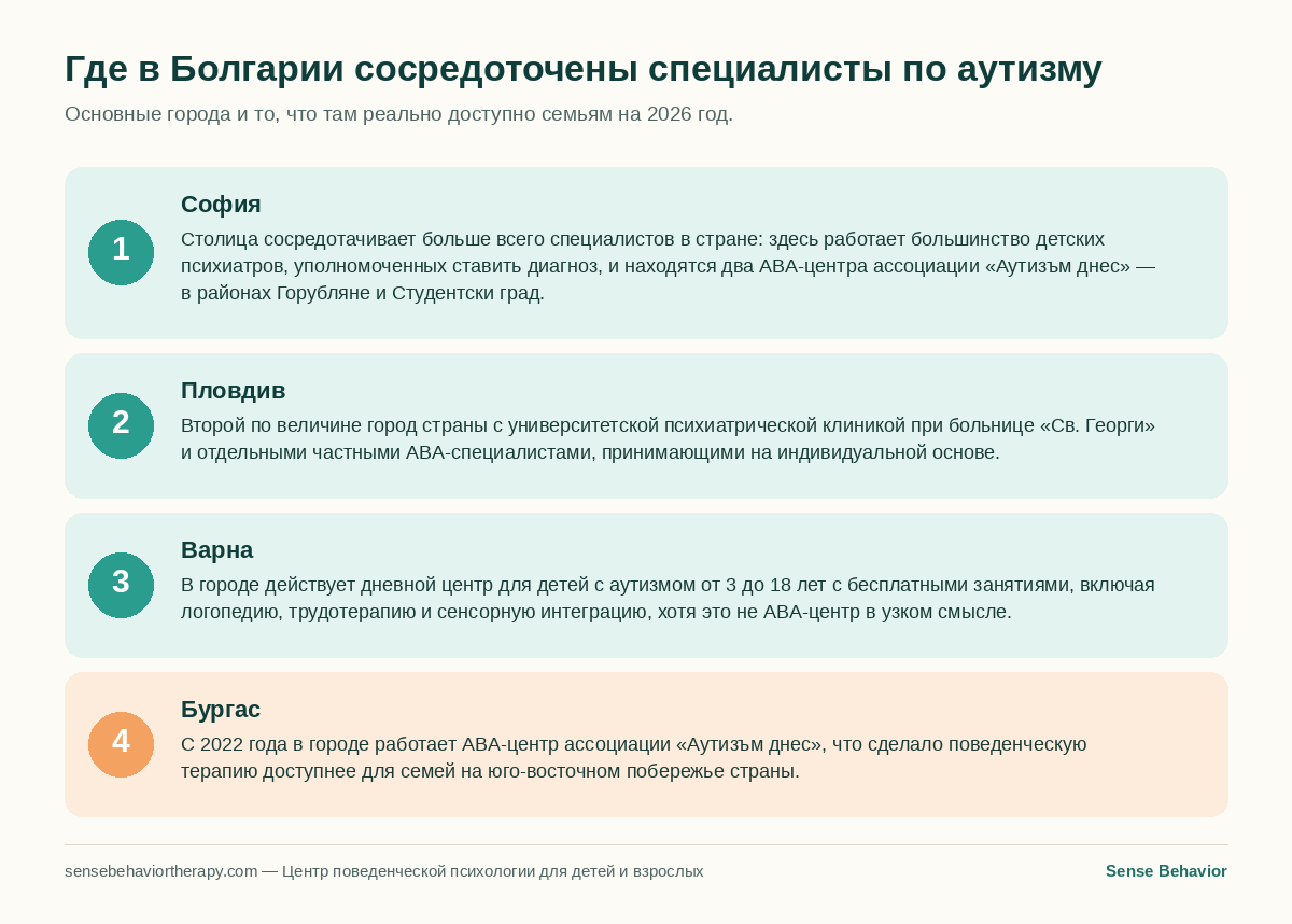 Схема с описанием четырёх городов Болгарии — Софии, Пловдива, Варны и Бургаса — и того, какие специалисты по аутизму там доступны
