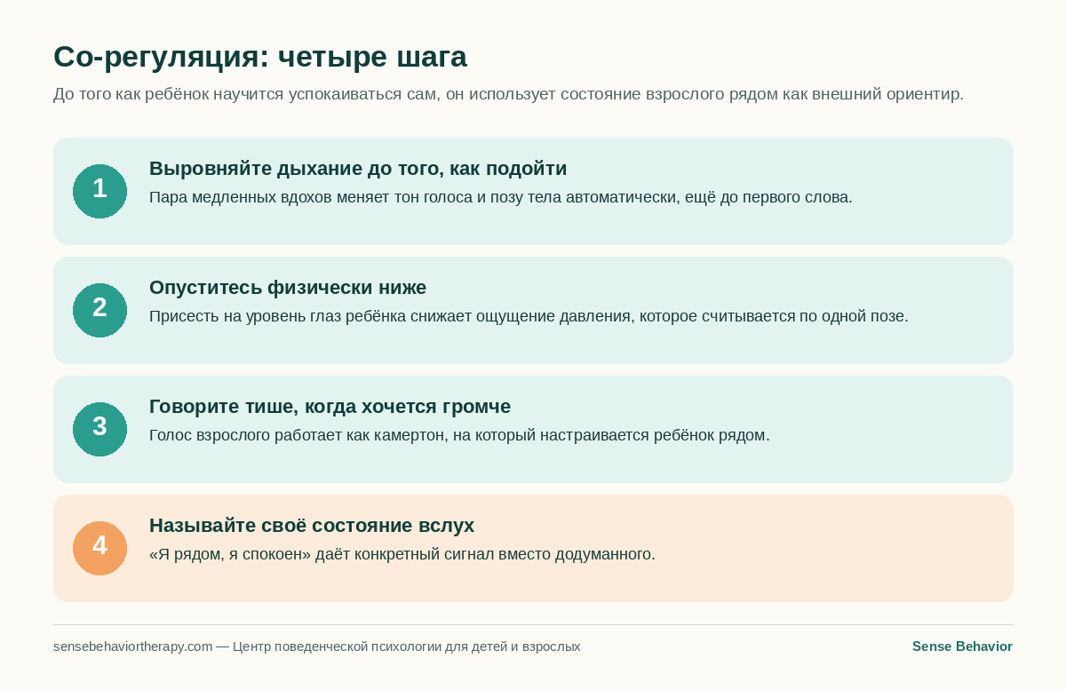 Инфографика: четыре шага со-регуляции для ребёнка с аутизмом — выровнять дыхание, опуститься на уровень глаз, говорить тише, называть своё состояние вслух