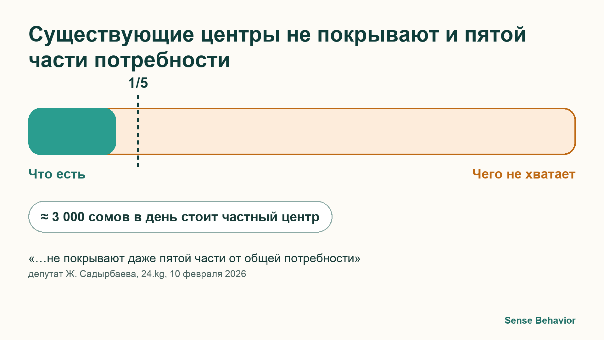 Полоса: существующие центры в Кыргызстане не покрывают и пятой части потребности, по оценке депутата на заседании комитета Жогорку Кенеша в феврале 2026 года; день в частном центре стоит около 3 000 сомов