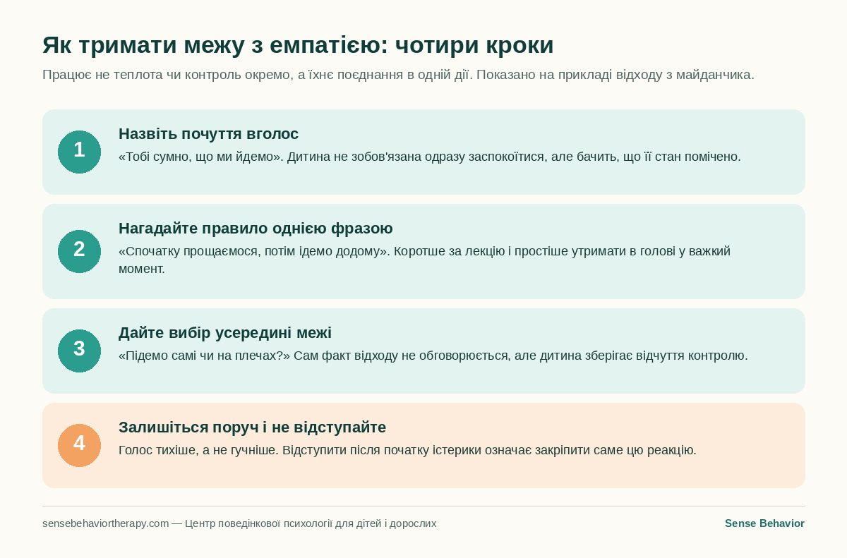Інфографіка: чотири кроки, щоб тримати межу з емпатією — назвати почуття, нагадати правило однією фразою, дати вибір усередині межі, залишитися поруч і не відступати