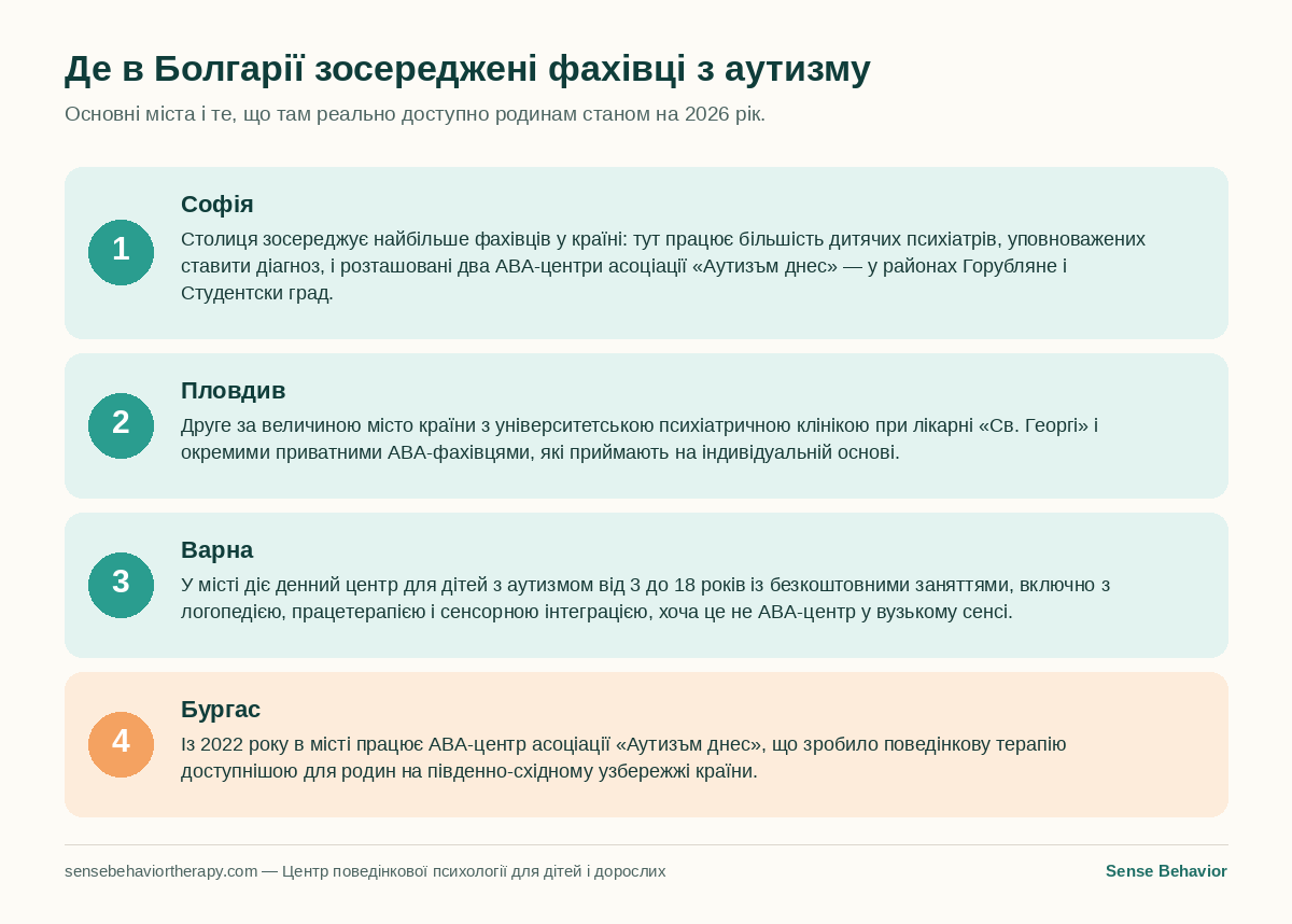 Схема з описом чотирьох міст Болгарії — Софії, Пловдива, Варни і Бургаса — і того, які фахівці з аутизму там доступні