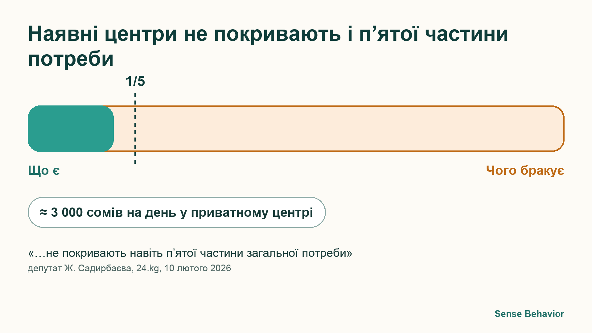 Смуга: наявні центри в Киргизстані не покривають і п’ятої частини потреби, за оцінкою депутата на засіданні комітету Жогорку Кенеша в лютому 2026 року; день у приватному центрі коштує близько 3 000 сомів